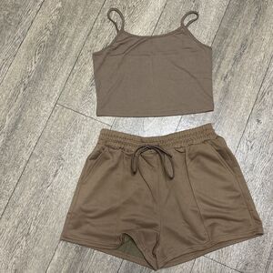 Women’s Ribbed Crop Cami Top & Drawstring Short Set (E104)